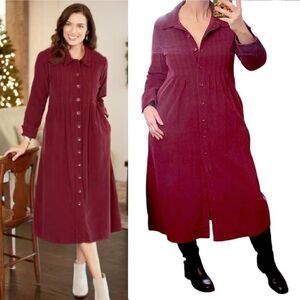 The Vermont Country Store Merlot Pintuck Cotton Corduroy Button Front Midi Dress
